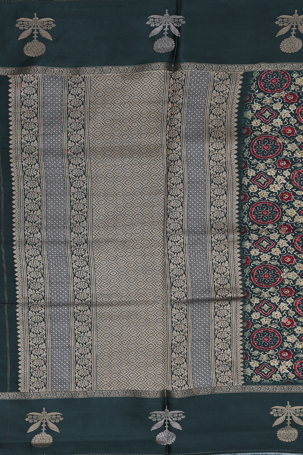 Modal Silk Saree In Forest Green With Ajrakh Printed Design