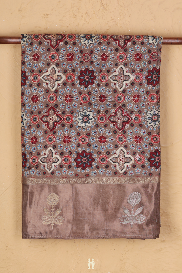 Modal Silk Saree In Brown With Ajrakh Printed Design