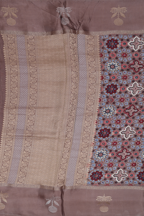 Modal Silk Saree In Brown With Ajrakh Printed Design