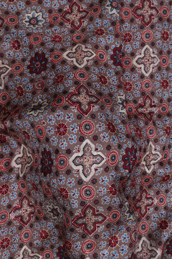 Modal Silk Saree In Brown With Ajrakh Printed Design
