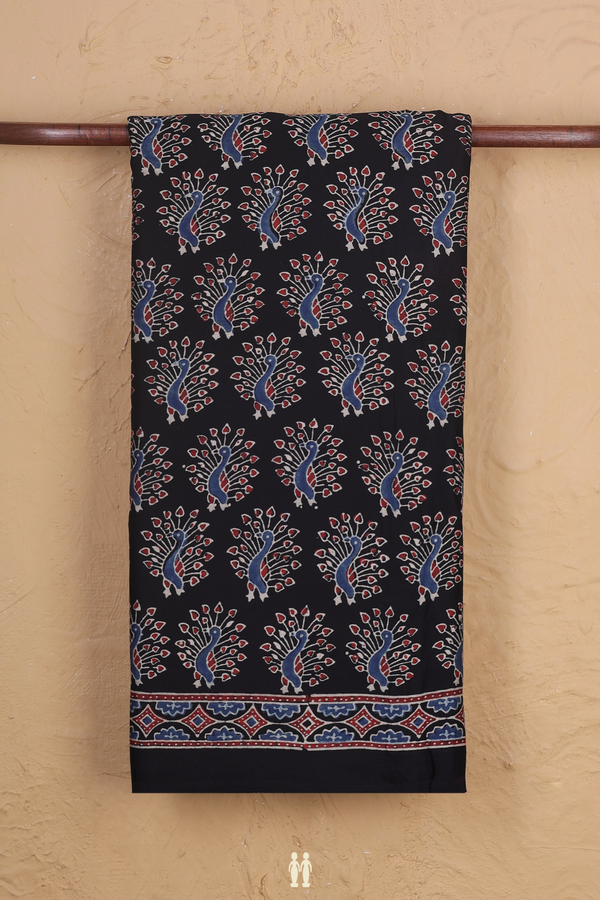Modal Silk Saree In Black With Peacock Design