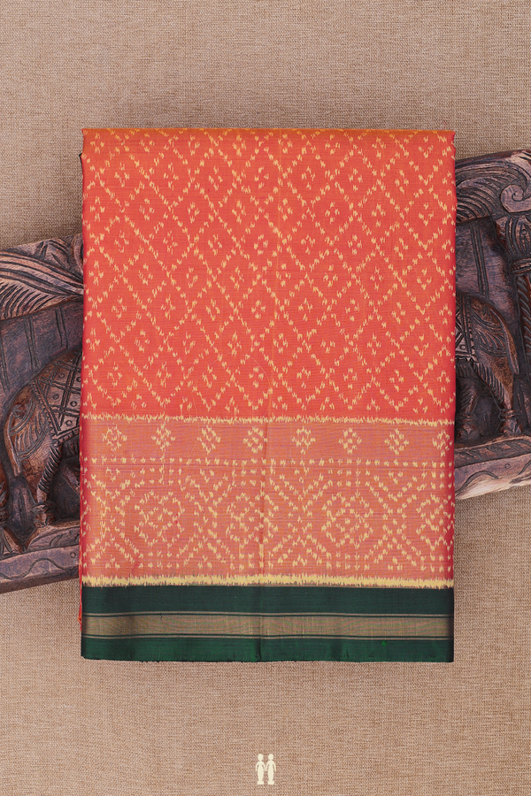 Patola Silk Saree In Coral Orange With Diamond Design