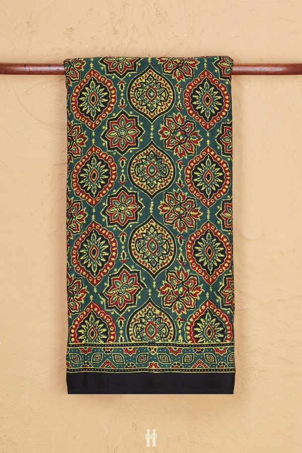 Modal Silk Saree In Leaf Green With Ajrakh Printed Design