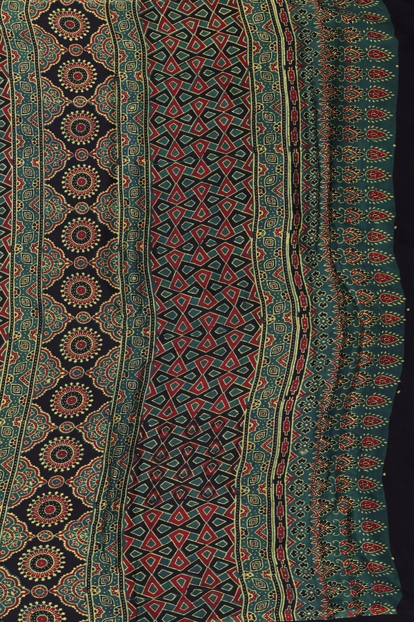 Modal Silk Saree In Leaf Green With Ajrakh Printed Design