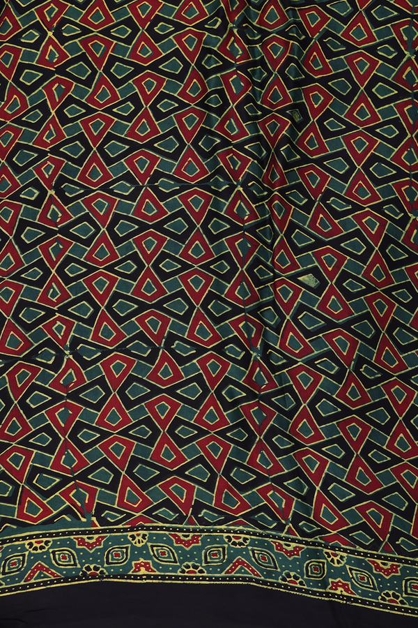 Modal Silk Saree In Leaf Green With Ajrakh Printed Design