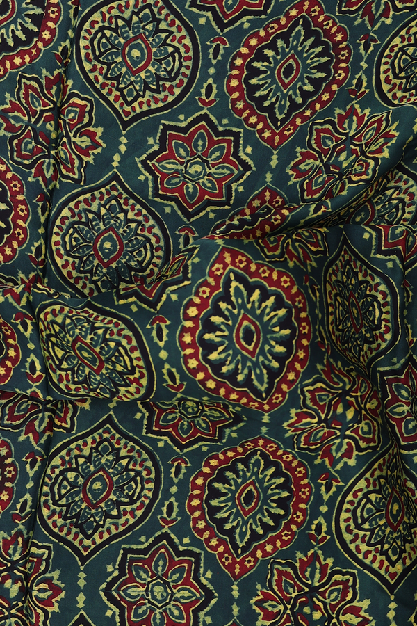 Modal Silk Saree In Leaf Green With Ajrakh Printed Design