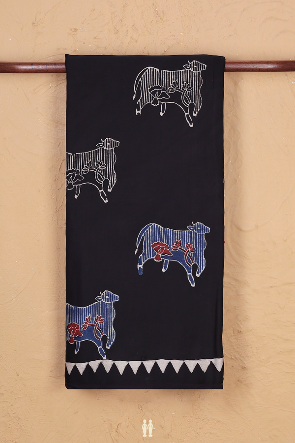 Modal Silk Saree In Black With Cow Design