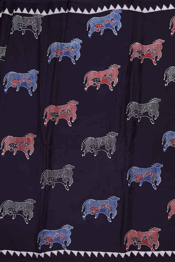 Modal Silk Saree In Black With Cow Design