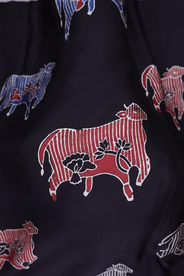 Modal Silk Saree In Black With Cow Design