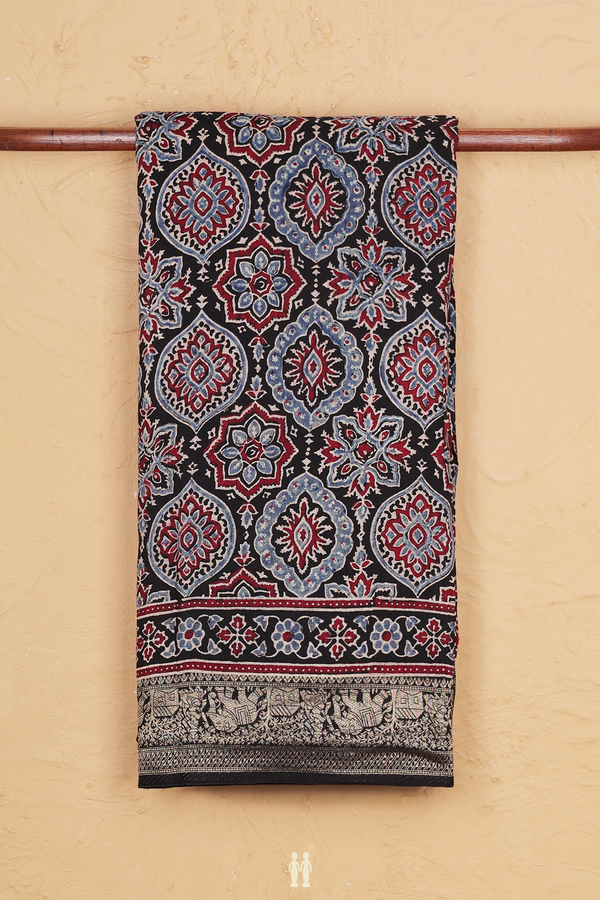 Modal Silk Saree In Black With Ajrakh Printed Design