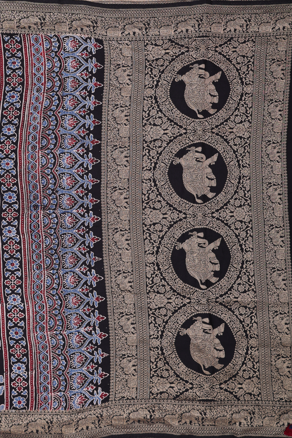 Modal Silk Saree In Black With Ajrakh Printed Design