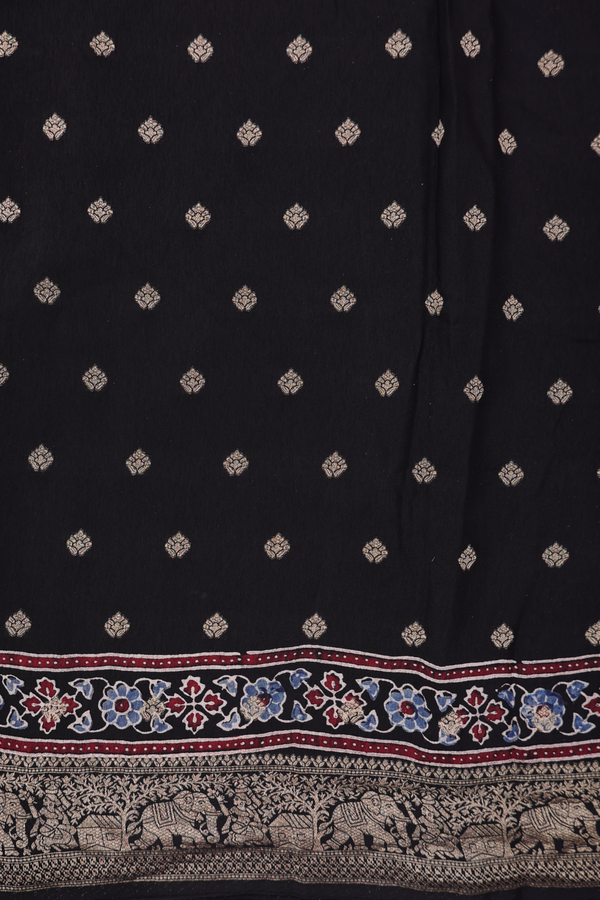 Modal Silk Saree In Black With Ajrakh Printed Design