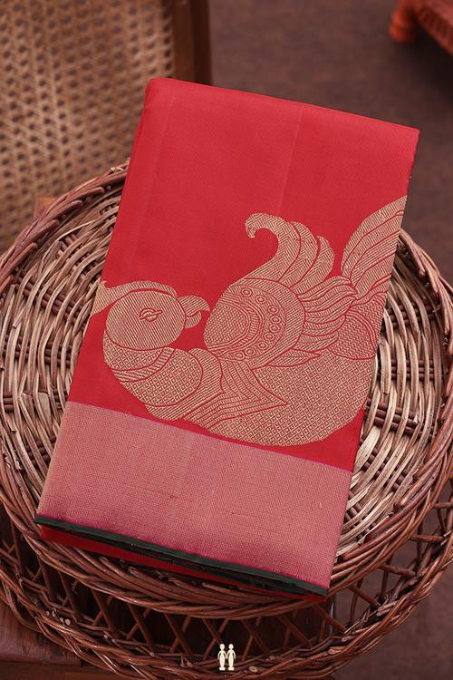 Kanchipuram Silk Saree In Scarlet Red With Peacock Design