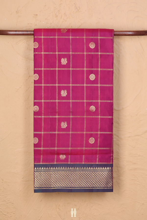 Kanchipuram Nine Yards Silk Saree In Purple With Checks Design