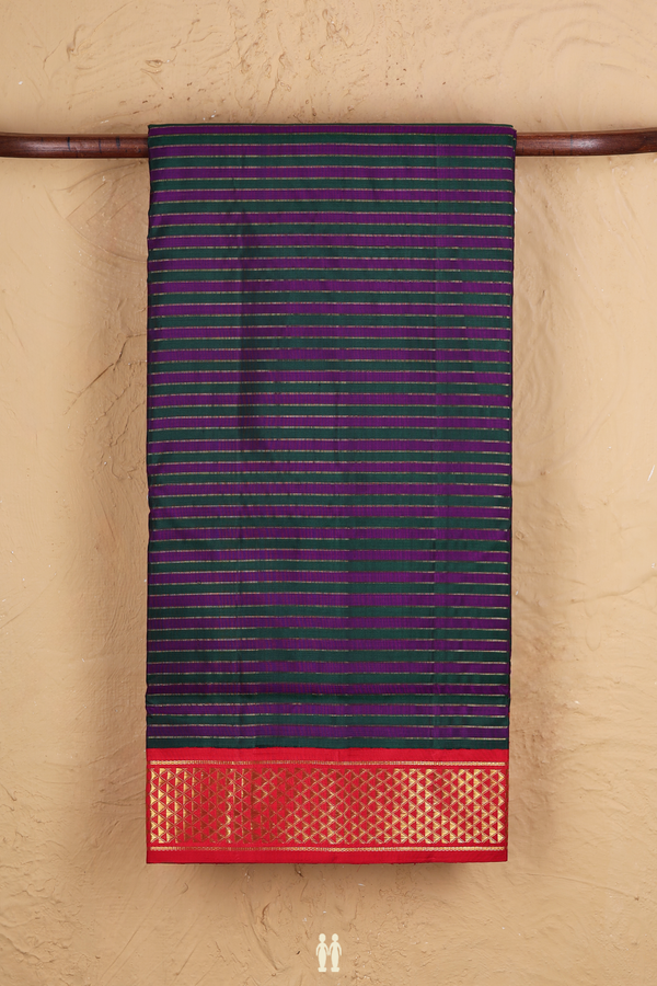 Kanchipuram Nine Yards Silk Saree Green And Purple With Stripes