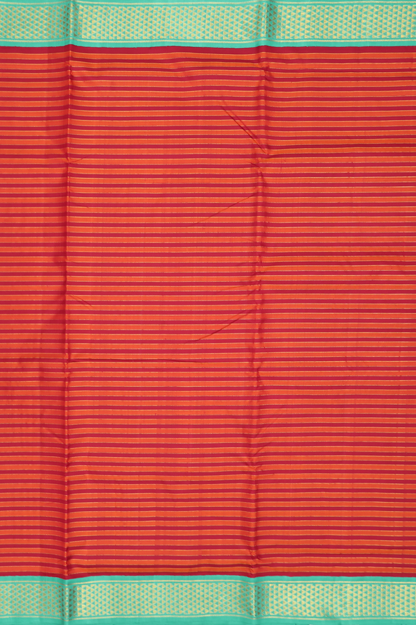 Kanchipuram Nine Yards Silk Saree Orange And Red With Stripes