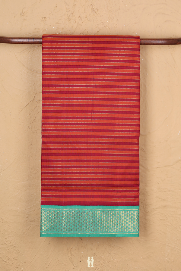 Kanchipuram Nine Yards Silk Saree Orange And Red With Stripes