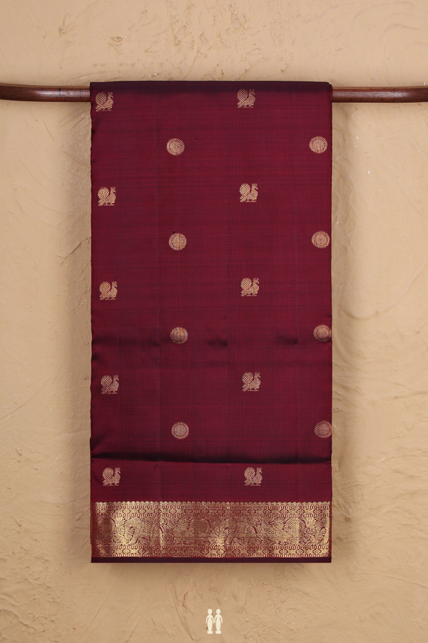 Kanchipuram Nine Yards Silk Saree In Maroon With Peacock Buttas