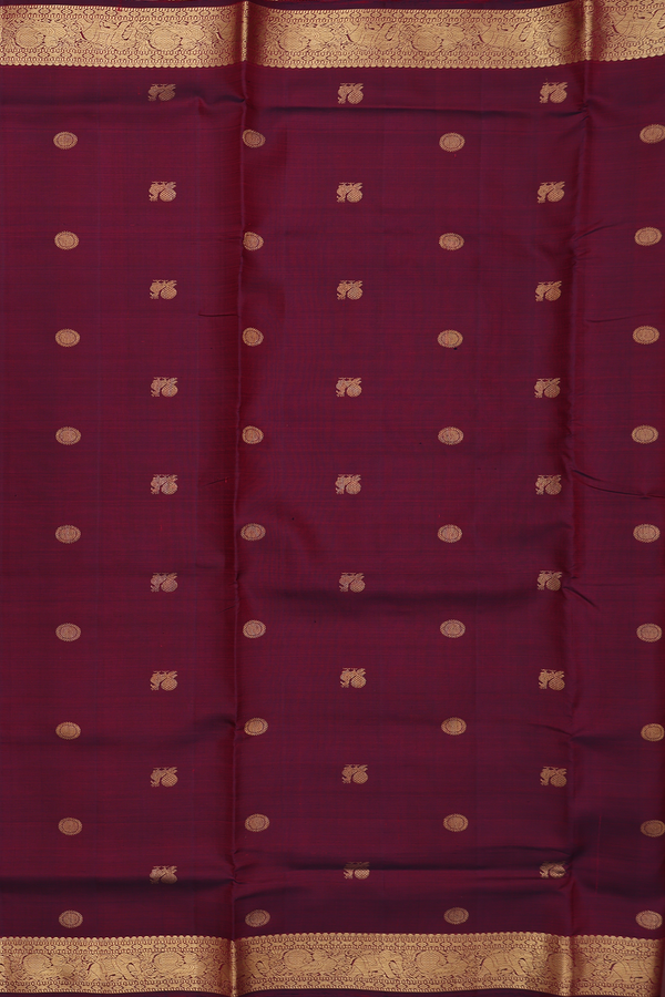 Kanchipuram Nine Yards Silk Saree In Maroon With Peacock Buttas