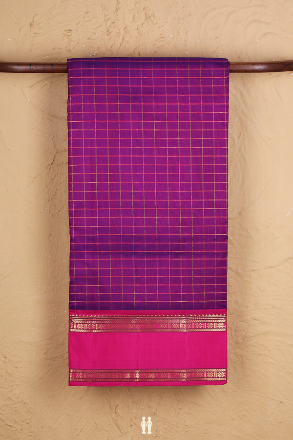 Kanchipuram Nine Yards Silk Saree In Purple With Checks Design