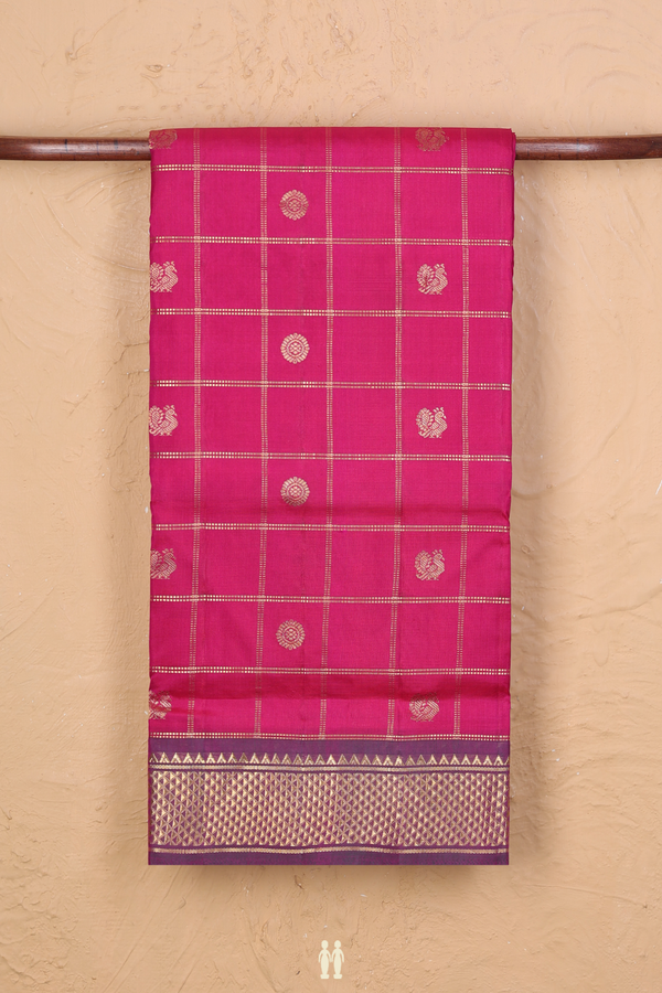 Kanchipuram Nine Yards Silk Saree In Rani Pink With Checks