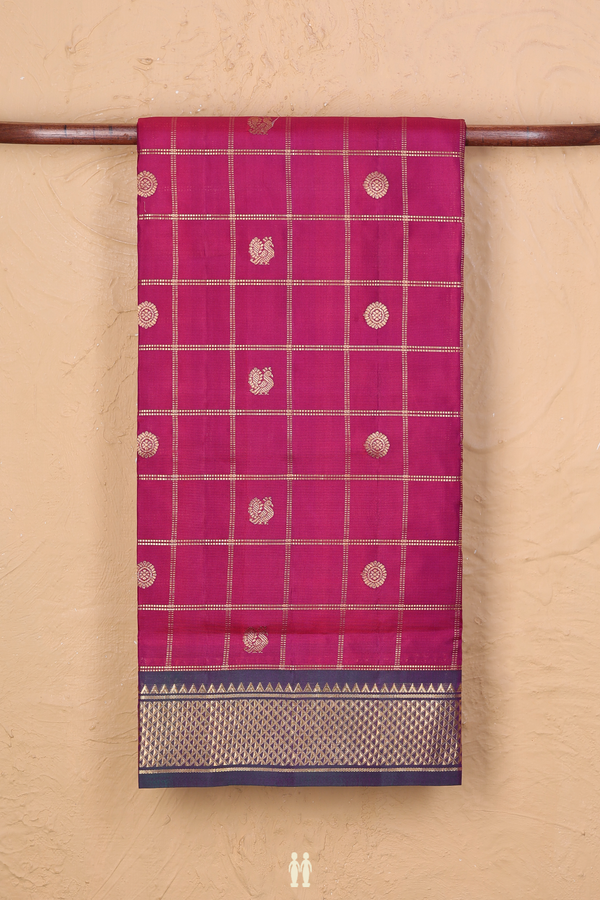 Kanchipuram Nine Yards Silk Saree In Purple With Checks Design