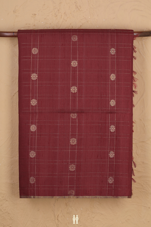 Raw Silk Saree In Burgundy Red With Checks Design