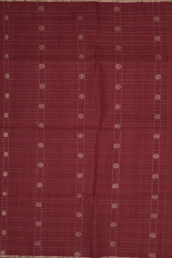 Raw Silk Saree In Burgundy Red With Checks Design