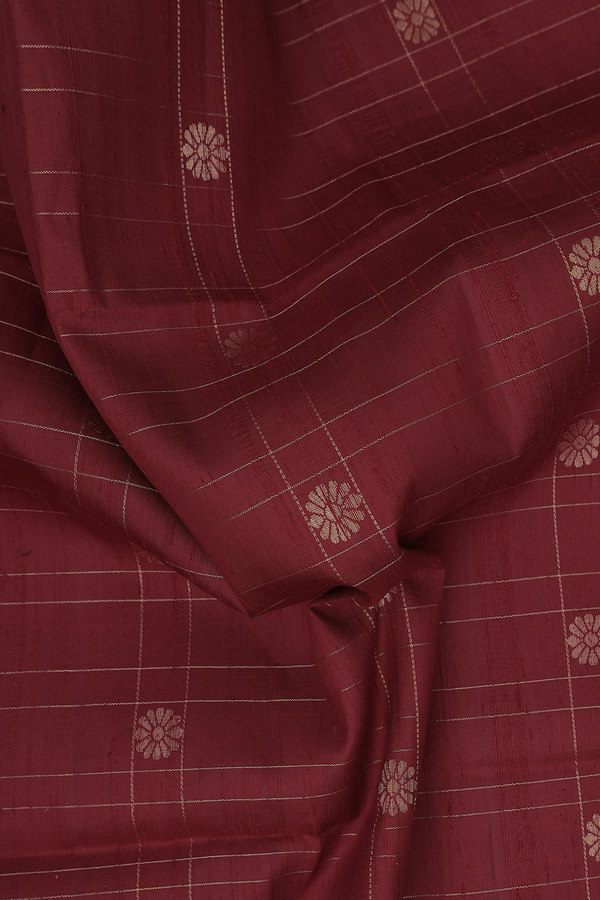 Raw Silk Saree In Burgundy Red With Checks Design