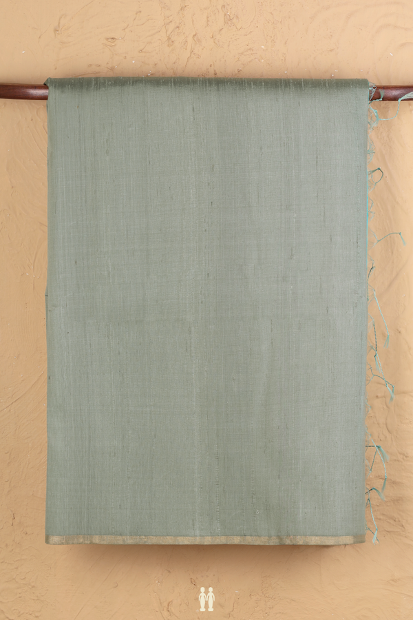 Raw Silk Saree In Greenish Grey With Contrast Pallu