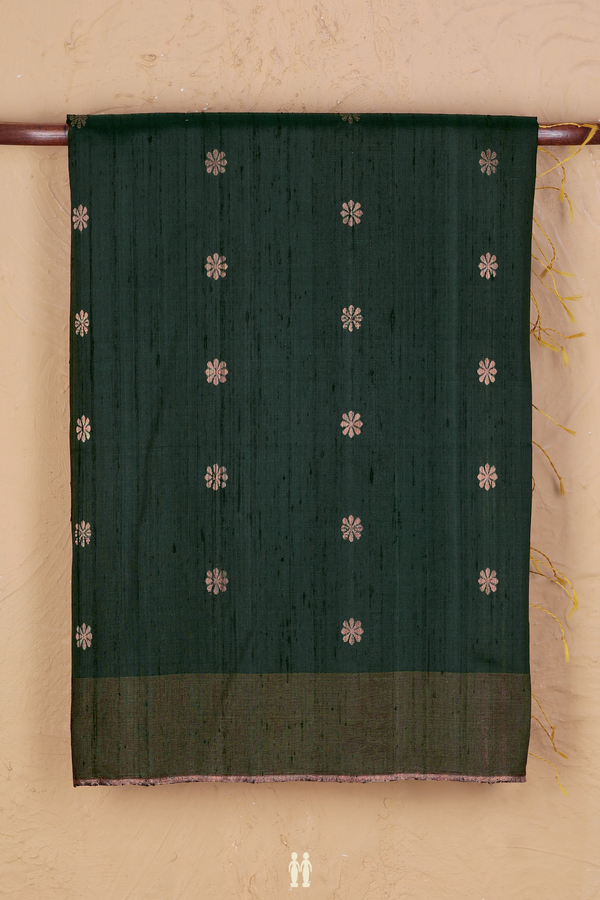 Raw Silk Saree In Dark Green With Floral Buttas