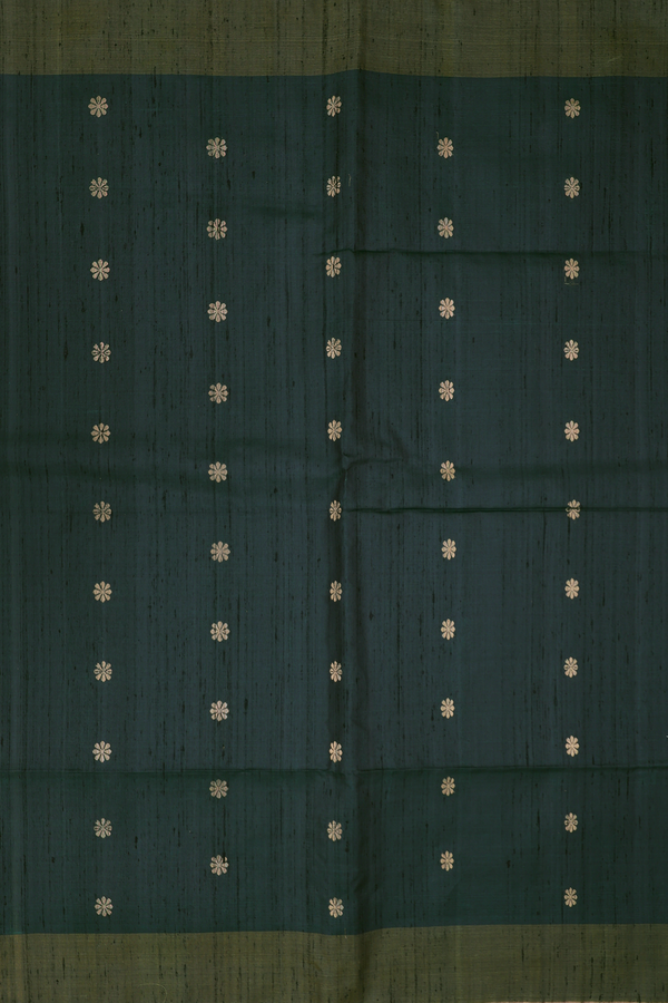 Raw Silk Saree In Dark Green With Floral Buttas