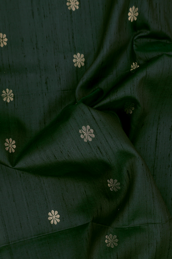 Raw Silk Saree In Dark Green With Floral Buttas
