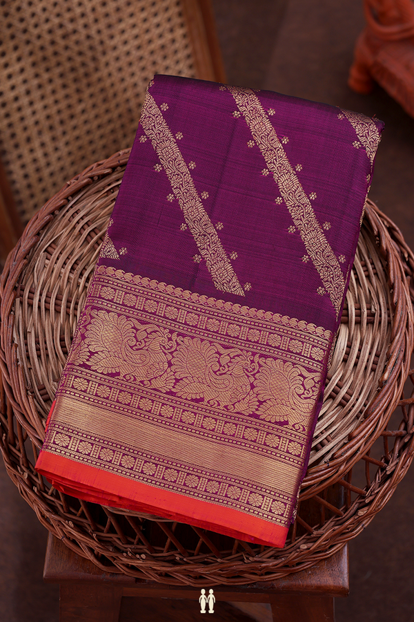 Kanchipuram Silk Saree In Plum Purple With Diagonal Design