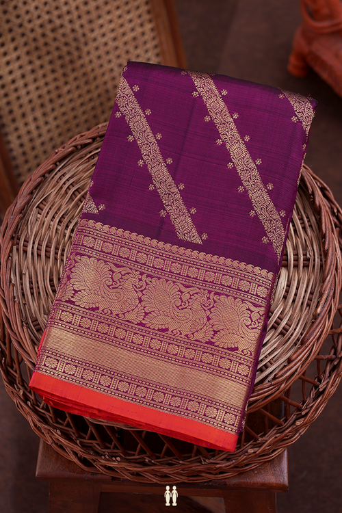 Kanchipuram Silk Saree In Plum Purple With Diagonal Design
