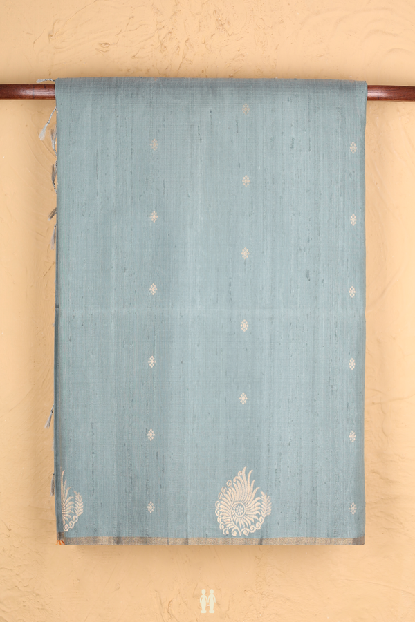 Raw Silk Saree In Aegean Blue With Floral Buttas