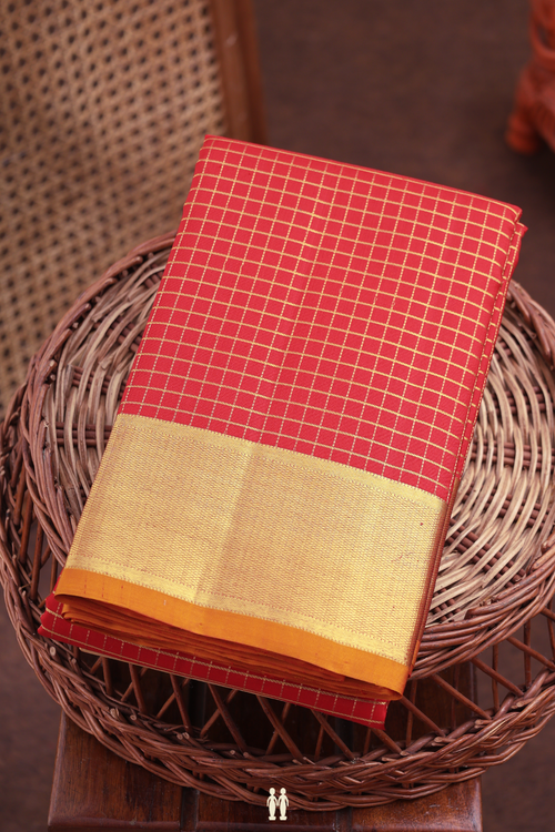 Kanchipuram Silk Saree In Scarlet Red With Checks Design