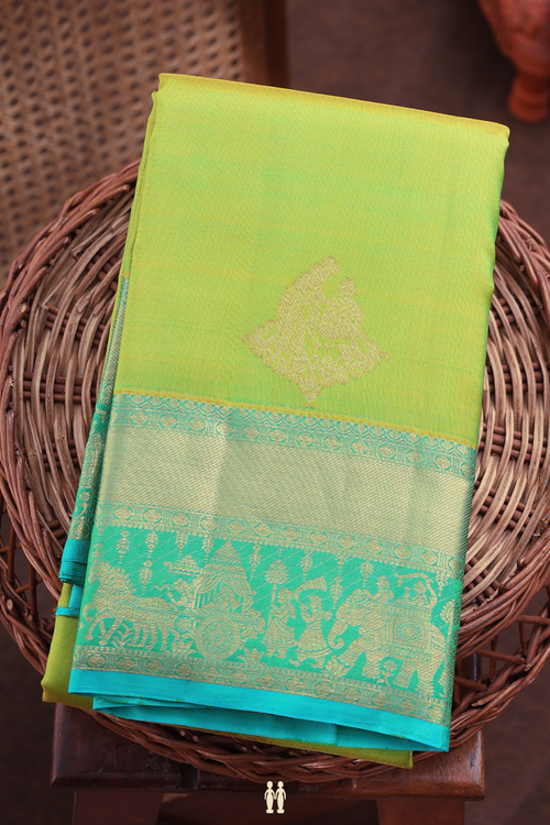 Kanchipuram Silk Saree In Parrot Green With Zari Motifs