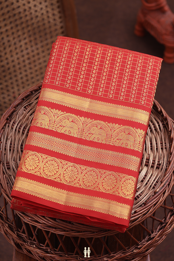 Kanchipuram Silk Saree In Vermillion Red With Checks Design
