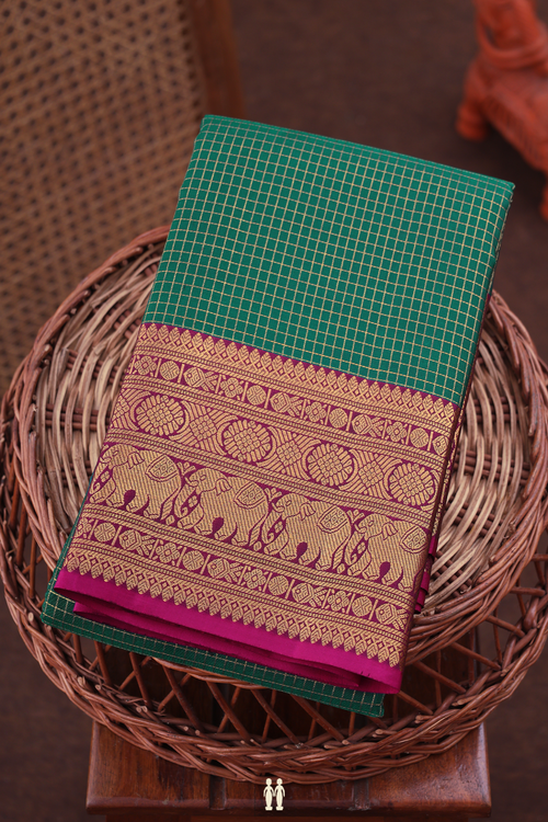 Kanchipuram Silk Saree In Forest Green With Checks Design