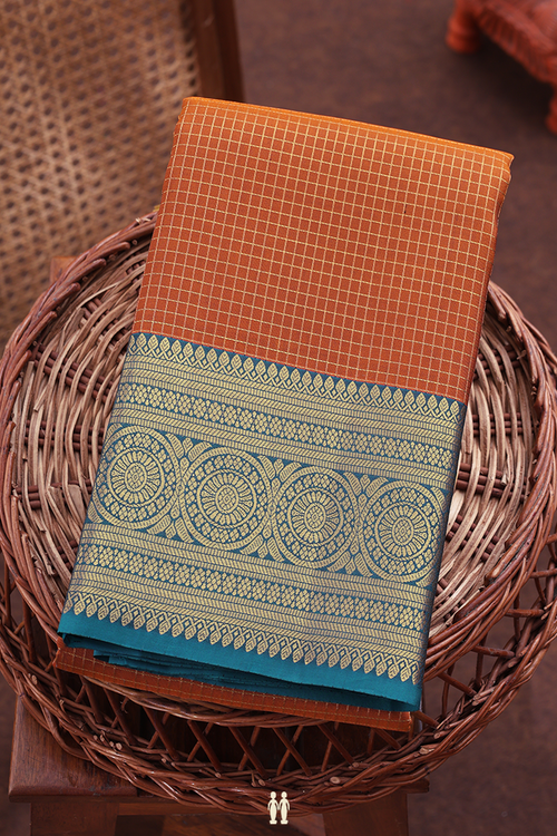 Kanchipuram Silk Saree In Orange With Checks Design