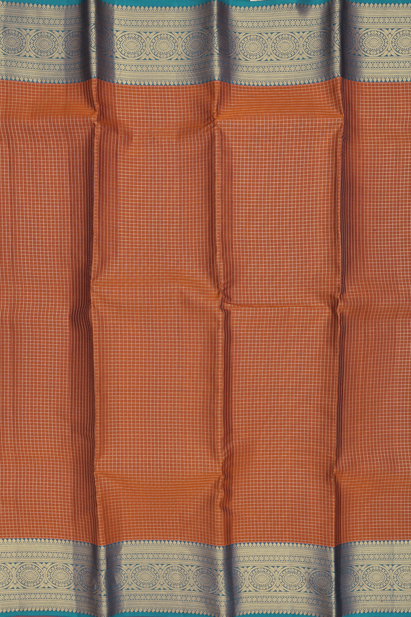Kanchipuram Silk Saree In Orange With Checks Design