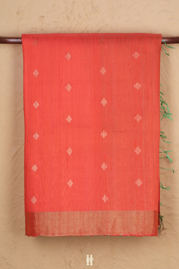 Raw Silk Saree In Coral Orange With Zari Buttas