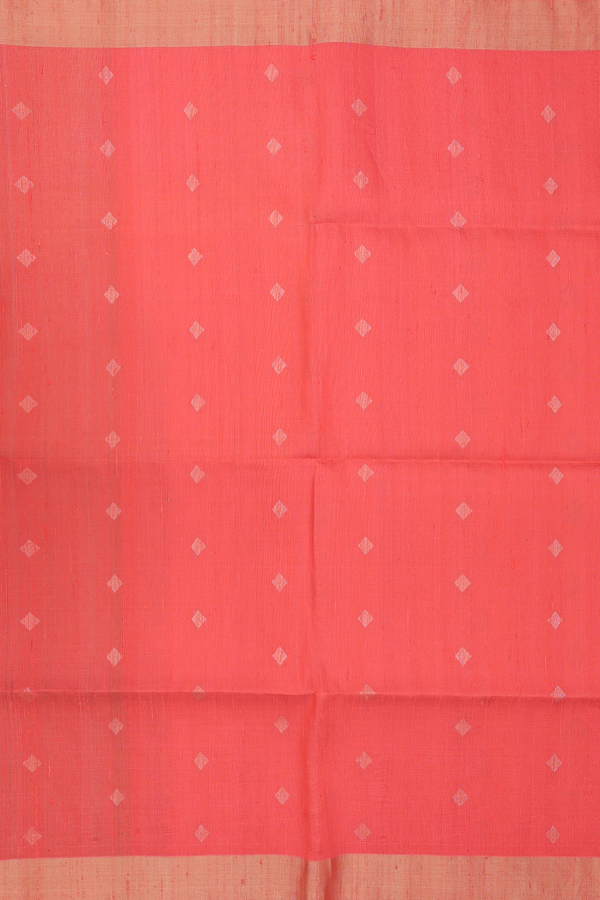 Raw Silk Saree In Coral Orange With Zari Buttas