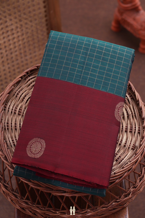 Kanchipuram Silk Saree In Midnight Green With Checks Design