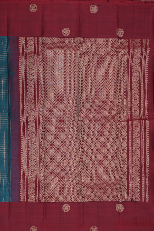 Kanchipuram Silk Saree In Midnight Green With Checks Design