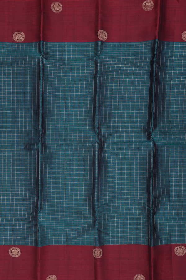 Kanchipuram Silk Saree In Midnight Green With Checks Design