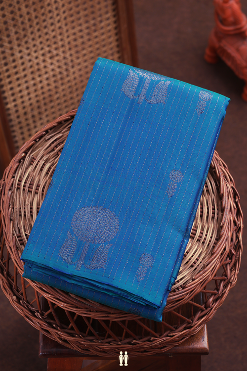 Kanchipuram Silk Saree In Cobalt Blue With Stripes Design