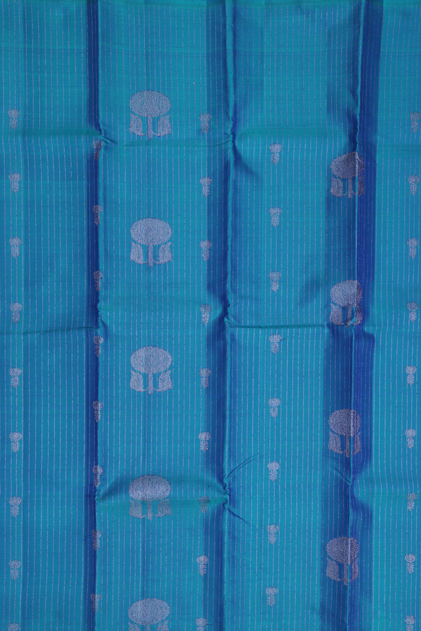 Kanchipuram Silk Saree In Cobalt Blue With Stripes Design