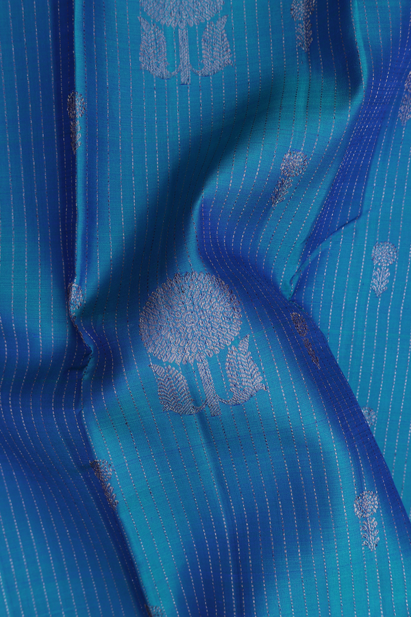 Kanchipuram Silk Saree In Cobalt Blue With Stripes Design